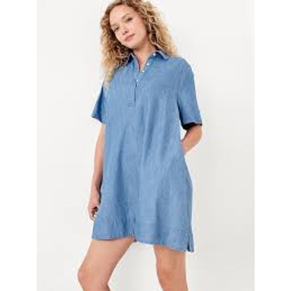 NWT Old Navy Blue Jean Chambray Shirt Mini Dress Medium Tall Short Sleeve Collar - Picture 2 of 4